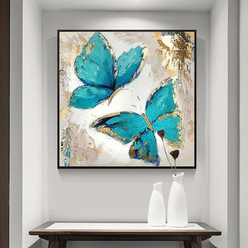 

Hand-painted Oil Painting Abstract Blue Butterfly Nordic Minimalist Living Room Decorative Painting Murals Gold Entrance art 888