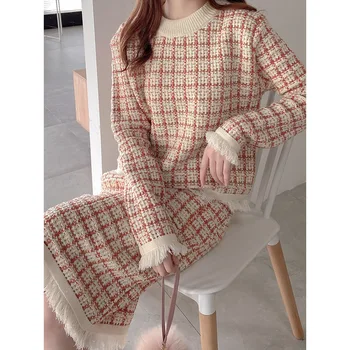 

Knitted Two Piece Set Women Autumn Winter Vintage Plaid Tracksuit Pullovers Sweater High Waist Bodycon Long Skirt Outfits 2020
