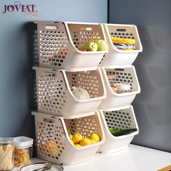 

Kitchen Organizer Stackable Fruit Vegetables Storage Basket Plastic Square Hollow Out Thicken Multifunction Eco Friendly Rack