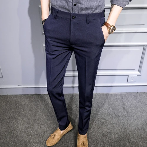 Navy blue Корейский Slim Fit Для мужчин костюм штаны Панталоны; цвет черный, темно-синий; однотонные Бизнес Повседневное офисные брюки стрейч Костюмные брюки Для мужчин Большие размеры 36 - Цвет: Navy blue