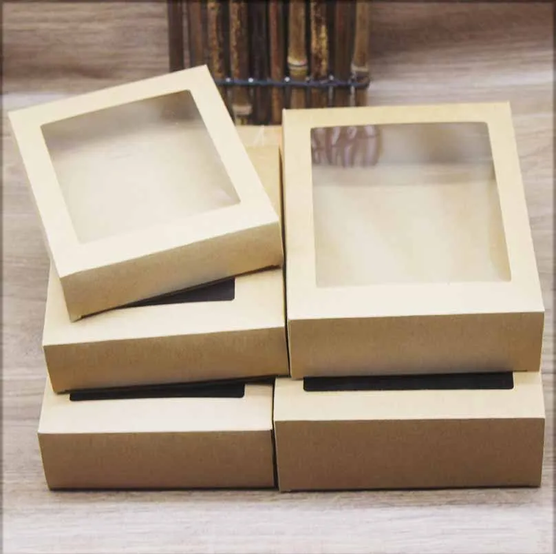 10Pcs DIY vintage kraft box with window paper Gift box cake Packaging For Wedding home party muffin packaging christmas gifts