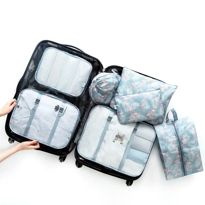7 шт./компл. органайзер для путешествий багаж полиэстер все для дорожные сумки Органайзер чемоданы для хранения вакуумные пакеты для одежды кубики упаковочные сумки - Цвет: Grey flamingo