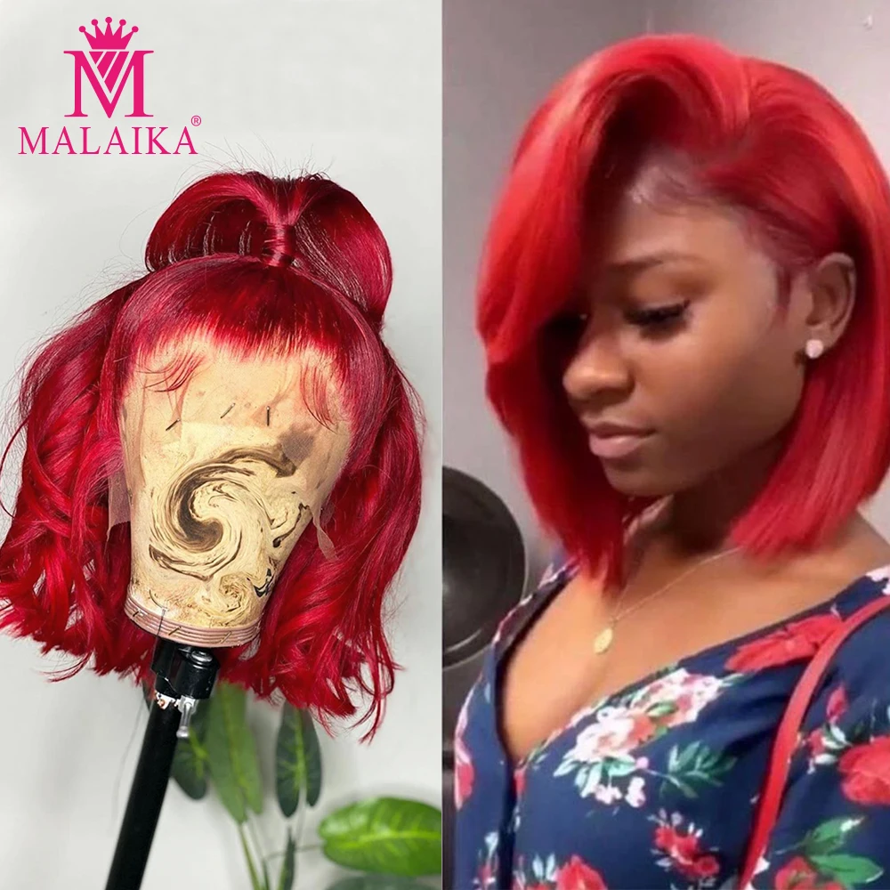 Malaika-peluca recta con corte Bob, pelucas de cabello humano con encaje frontal, 13x4, rojo y azul, brasileño, prearrancado, 180% Remy, pelucas de cabello humano
