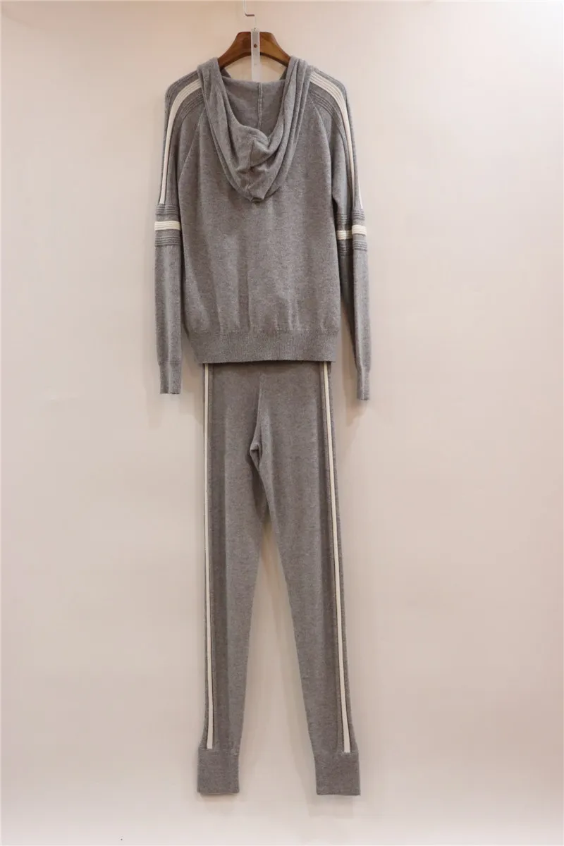 Теплые вязаные костюмы в полоску из 30% шерсти и 45% кашемира кашемировый шерстяной свитер с капюшоном и кашемировые брюки комплекты из двух предметов F450