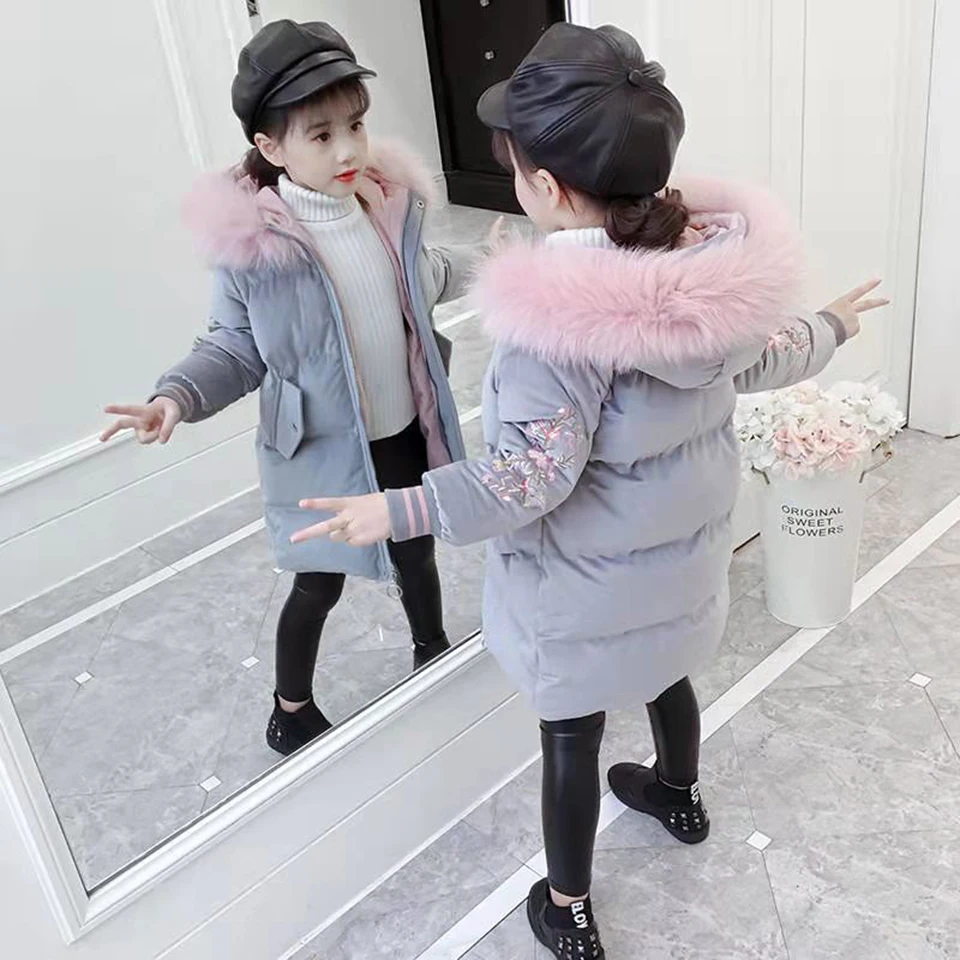 Коллекция 2019 года, зимние куртки для девочек с меховым воротником и капюшоном, утепленная верхняя одежда с длинными рукавами, куртка
