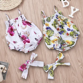 

Lovely Romper Head Band Set Headband and Sleeveless Backless Floral Romper Baby Girl Clothing Bubble Summer Twin Clothing