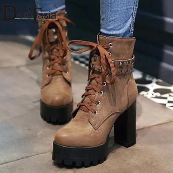 

DORATASIA Elegant Girl Platform Block Heel Buckle Ankle Boots Designer Boots Women Rivet Lace Up Solid Fashion Shoes Woman