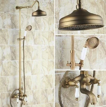 

Vintage Antique Brass Dual Ceramic Handles Bathroom 8 Inch Round Rain Shower Faucet Set Bath Tub Mixer Taps Hand Shower mrs244