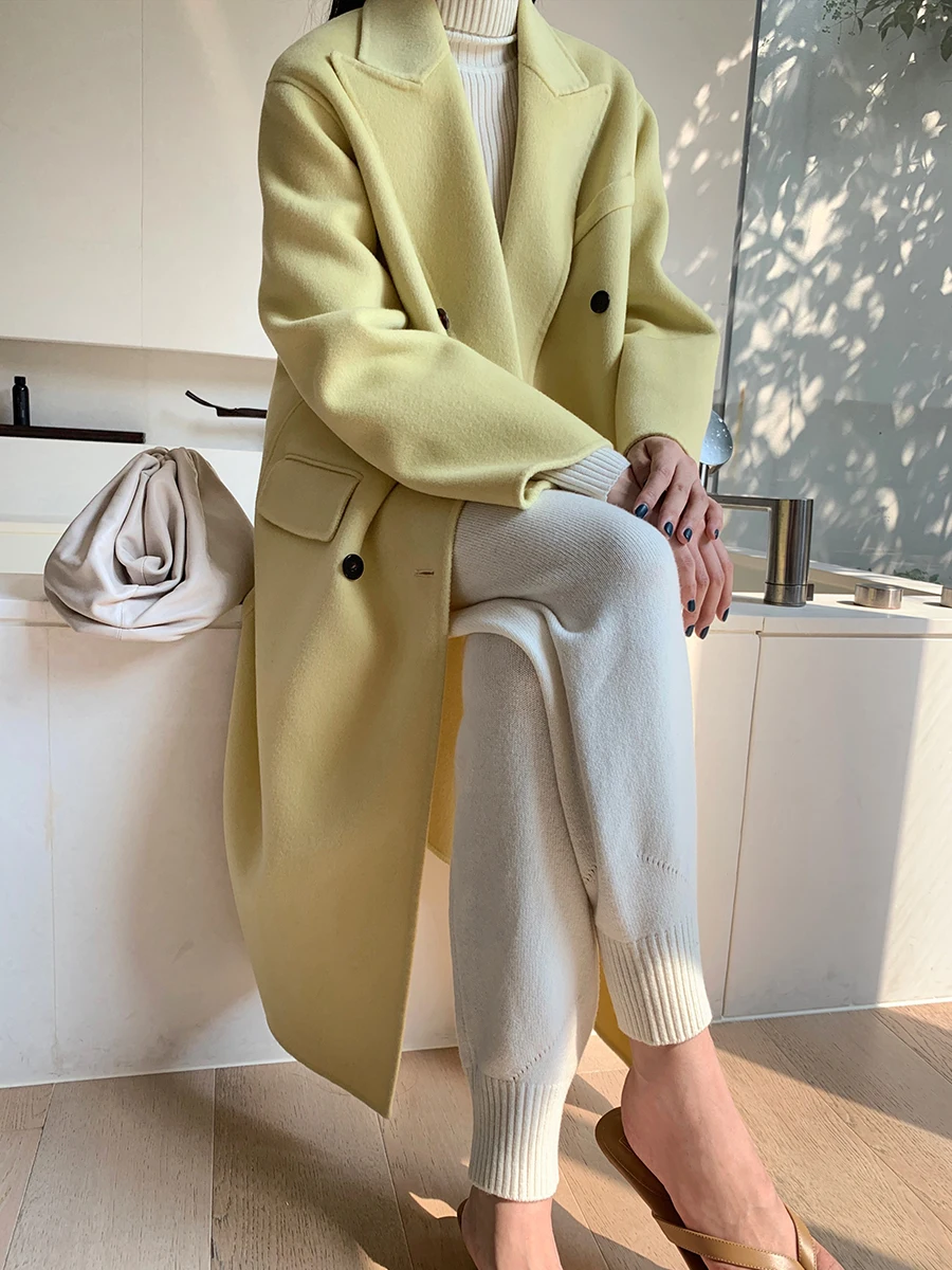 Австралийское шерстяное пальто женское желтое двубортное шерстяное пальто средней длины ручной работы двухстороннее кашемировое пальто