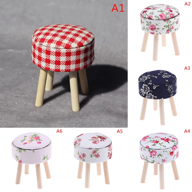 1/12 Scale Dollhouse Miniature Wooden Table Furniture Round Floral Stool Chair  for Dolls House Decor Kids Pretend Play Toy 2