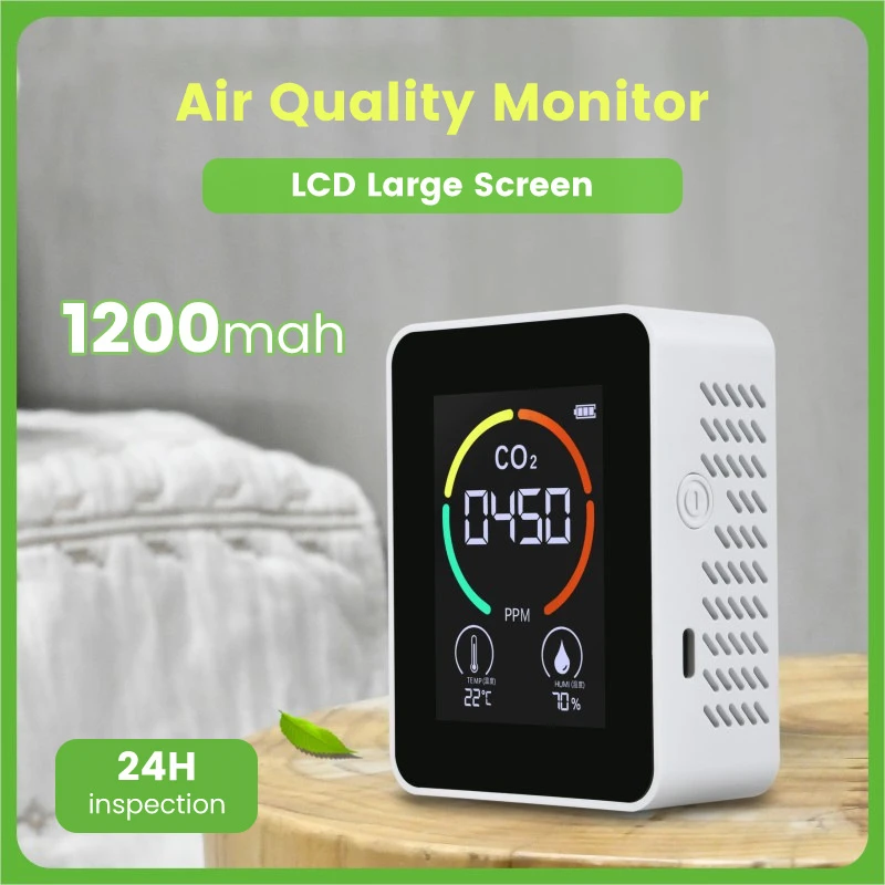 The Carbon Dioxide Detector is a smart device featuring an LCD screen that displays CO2 levels, temperature, and humidity. It comes with a 1200mAh battery ensuring 24-hour air quality control. The sleek design of the detector includes a white body and black screen.