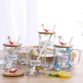 

3D Stereoscopic Flamingo Glass with Lid Spoon High Temperature Resistant High Borosilicate Cartoon Milk Glasses Cute Animal Cups