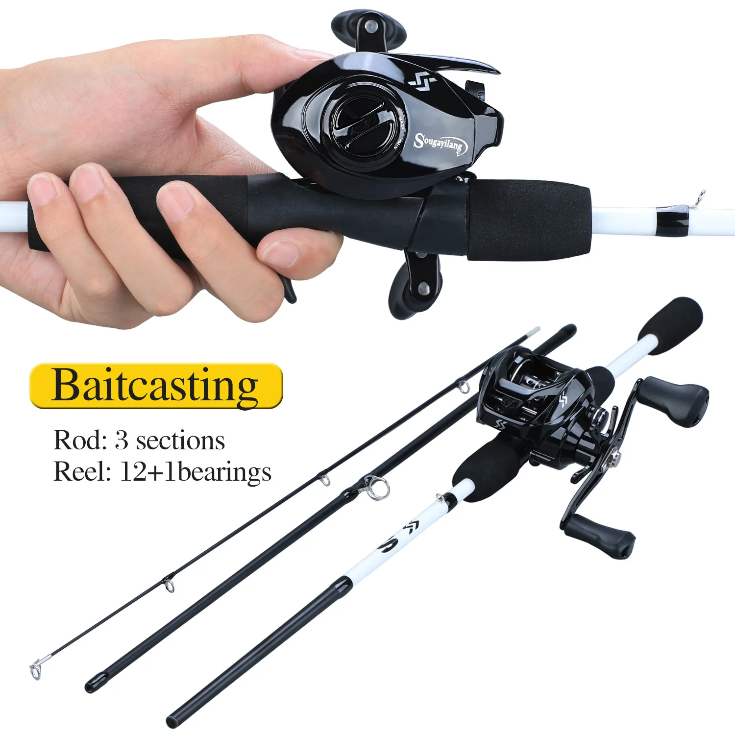 Sougayilang Portable 3 Section 1.75m Fishing Rod Combo Carbon Fishing Rod with12+1BB Baitcasting Reel Fishing Tackle Set