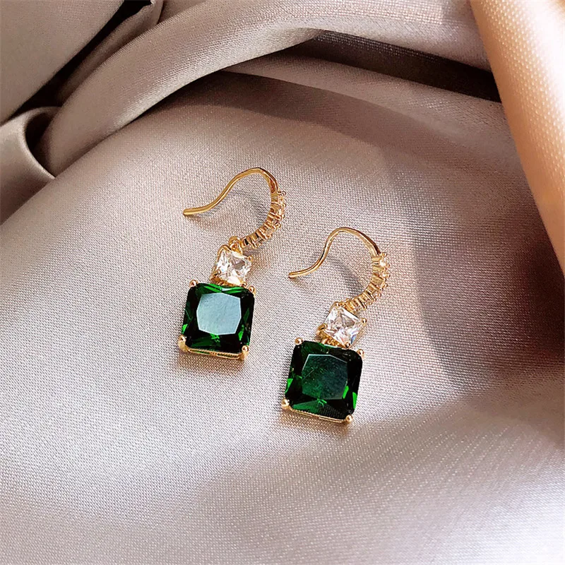 FYUAN, циркониевые геометрические Висячие серьги для женщин, Bijoux, изысканные зеленые квадратные висячие серьги с кристаллами, массивные серьги, подарки