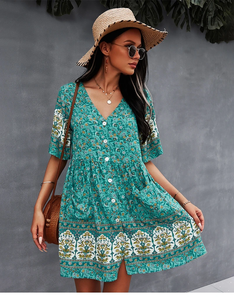 New Floral Print Summer Bohemian Short Dress – Miggon