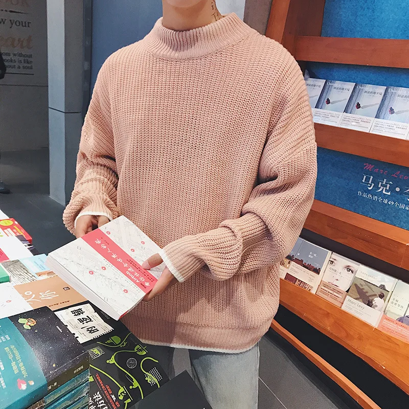 Fashion Autumn winter pull homme men's pullover Korean handsome loose round neck students Pink sweater casaco masculino