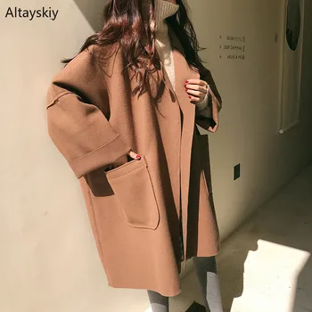 

Blends Women Solid Pockets Long Turn-down Collar All-match 2020 Womens Korean Style Elegant Simple Daily Warm Lovely Sweet Girls