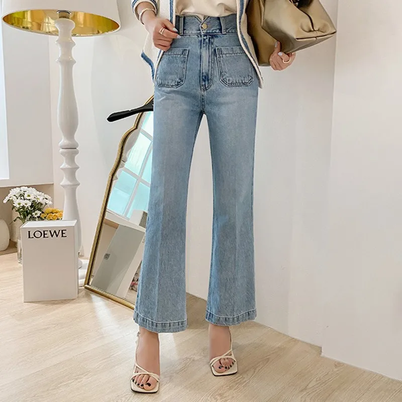 

High Waist Micro Flared Pants Light Blue Elegant Jeans For Women Pockets Denim Pants Fall Straight Trousers P145