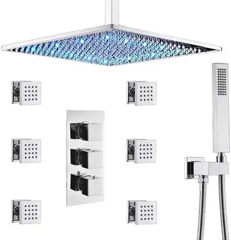 

Upscale Shower set Thermostatic Shower Systems with Body jets 12" LED Rain Showerhead and Handheld shower Combo Set,Chrome