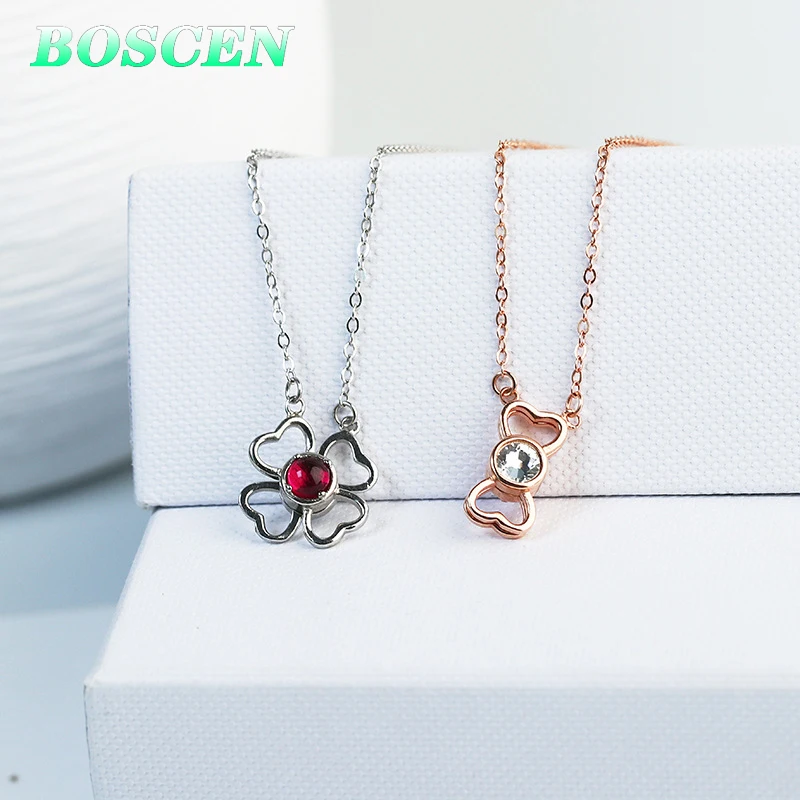 BOSCEN 925 пробы серебряная подвеска Цепочки и ожерелья для Для женщин девочек подарок на день рождения четырехлистным клевером для женщин в Корейском стиле бант шесть, можно носить двумя способами, не вызывают