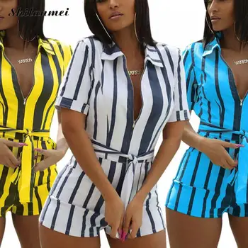 

2019 New Short Jumpsuits Women Deep V Neck Short Sleeve Short Pants Straight Playsuit Stripe Office Ladies Overalls Jumpsuit