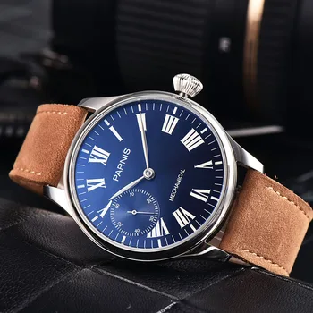 

New Casual 44mm Parnis Man Watch Mechanical Hand Winding Leather Hand Wind Power Reserve Men's Watches 17 Jewels Man Clock 2019