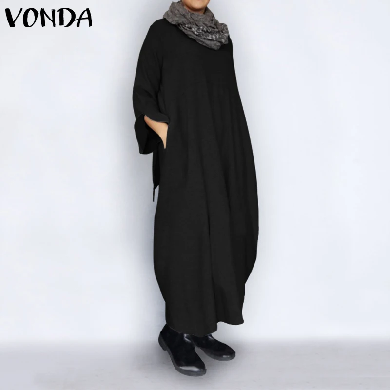 Cheap VONDA Plus Size Autumn Dress 2019 Spring Vintage Sexy Long Sleeve Party Maxi Long Dress Casual Loose Vestidos Robe Femme S 5XL