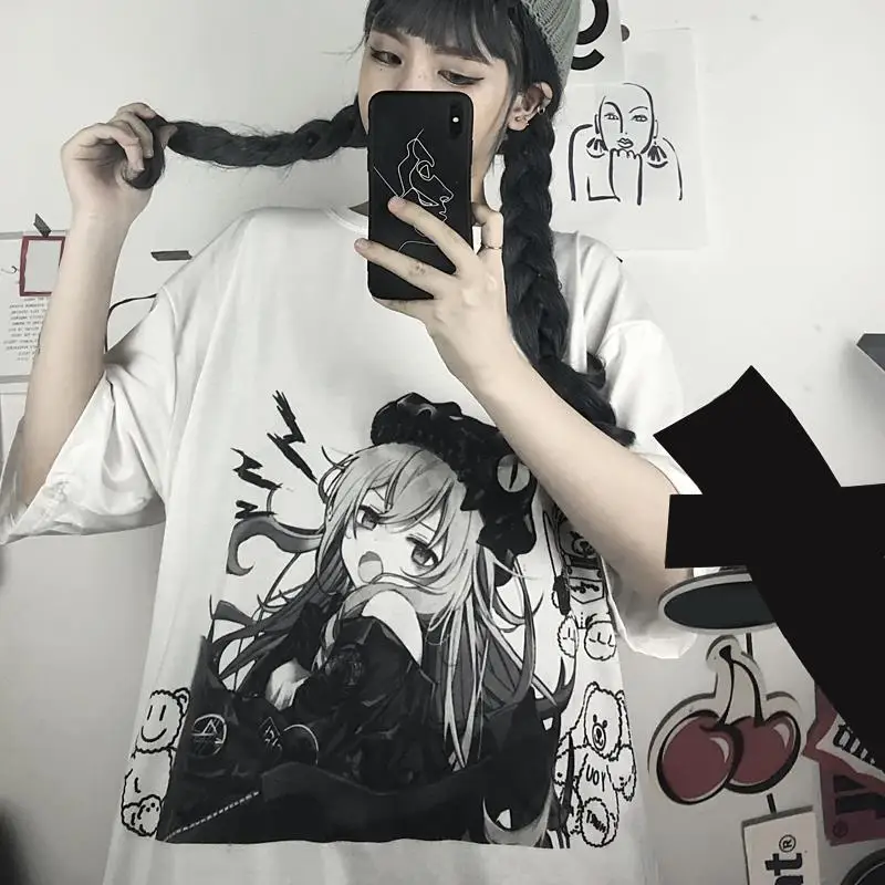 QWEEK Gothic Anime Tshirt Women 2021 Japanese Harajuku Streetwear Women's Summer T-shirts Mall Goth Tops Dark White Graphic Tee | Женская