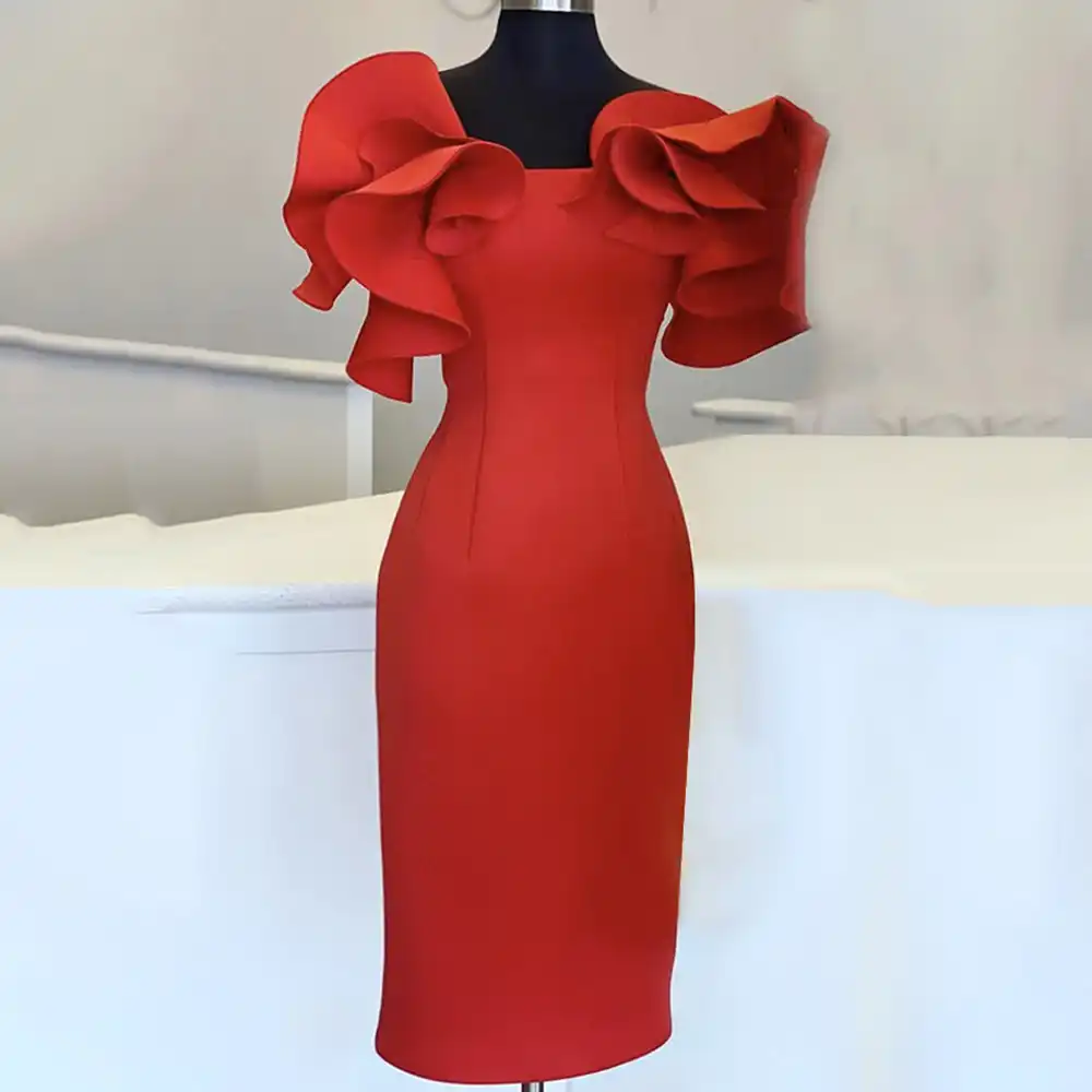 Robe Elegante Rouge Moulante Mi Longue A Volants Tenue De Cocktail Pour Femmes Africaines Manches Courtes Plissee Ete 2020 Aliexpress
