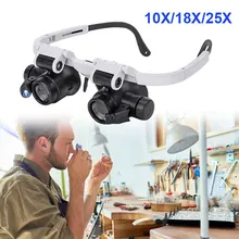 10X 18X 25X LED Magnifier Double Eye Glasses Loupe Lens Jeweler Watch Repair Measurement with 8 Lens LED lamp