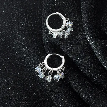 

Bohi Real. 925 Sterling Silver jewelry clear quartz Hoop Huggie Earrings Tassel GTLE2976