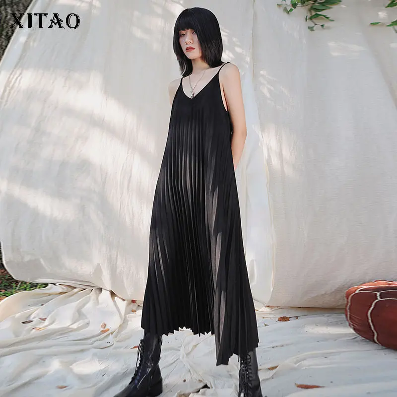 XITAO плиссированное платье с открытыми плечами, винтажное свободное платье без рукавов с открытой спиной и длинным богиней веер, Повседневный пуловер, платье для миноритарных народностей XJ3005