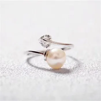 

Real 925 Sterling Silver Women Wedding Engagement Ring Adjustable Simple Round Pearl Ring Mounting