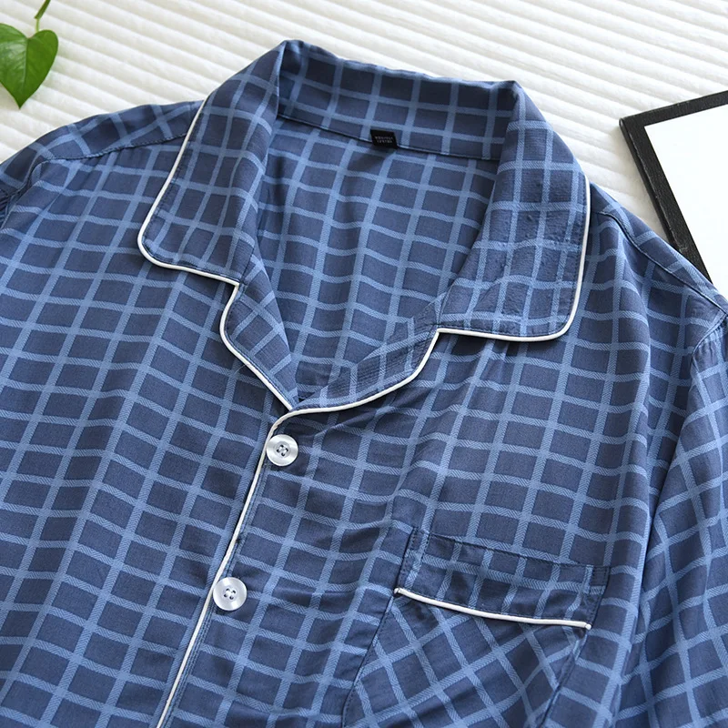 soft cotton pyjamas 2Pcs/set Summer Men's Pajamas Thin Short Sleeved Long Pants & Tops Pajamas Set Homewear Plaid Print Woven Mens Sleepwear Suit mens pjs sale