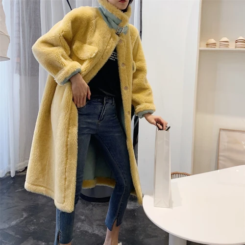 Yellow Blue Зимнее пальто из натурального меха для женщин, стрижка овец, шерстяная куртка с мехом, женские корейские длинные пальто и куртки, женский теплый мех, топ 8950 - Цвет: Yellow Blue