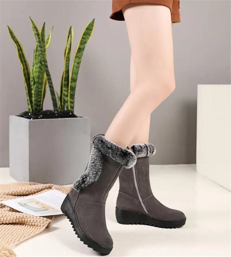 New Rabbit Fur Decoration Scrub Cowhide Leather Boots In-bube Boots Women Shoes Boots Warm Shoes Flat Wedges Non-slip Snow Boots