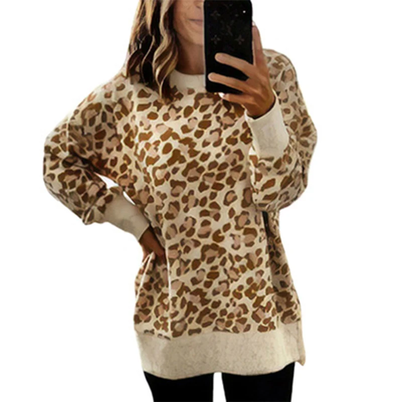  Women Pullovers Tops Leopard Print Hoodies Jumper Sweatshirt Fall Lady O-Neck Irregular Hem Hoody S