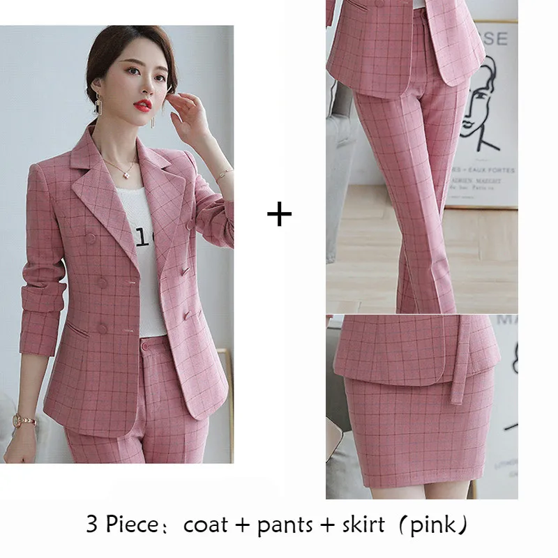 pink 3 piece Женские костюмы, элегантный розовый блейзер в клетку для офисных леди, Осень-зима, деловые модные повседневные рабочие костюмы из пальто и брюк, женская одежда - Цвет: pink 3 piece