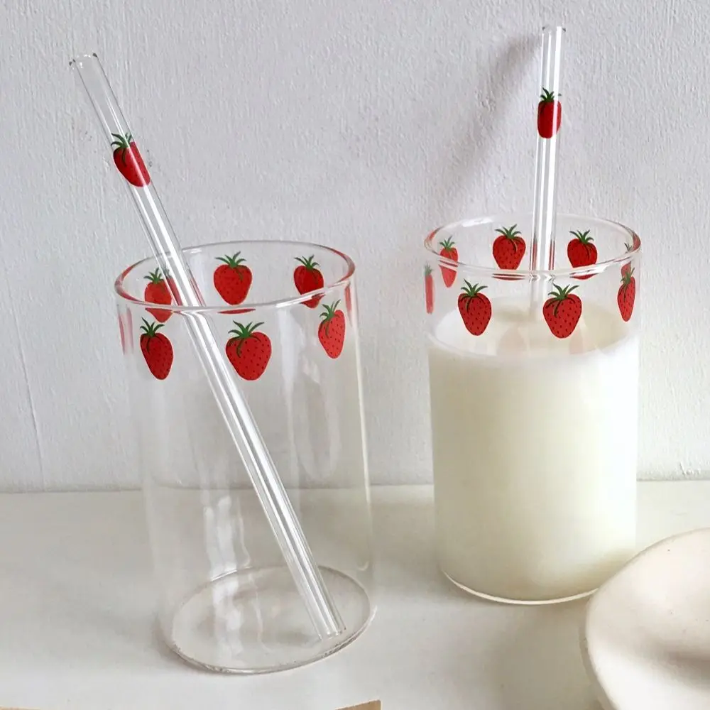 2 pics 300ml Strawberry Cute Glass Cup With Straw Creative Transparent Water Student Milk Heat Resistant Nana | Дом и сад