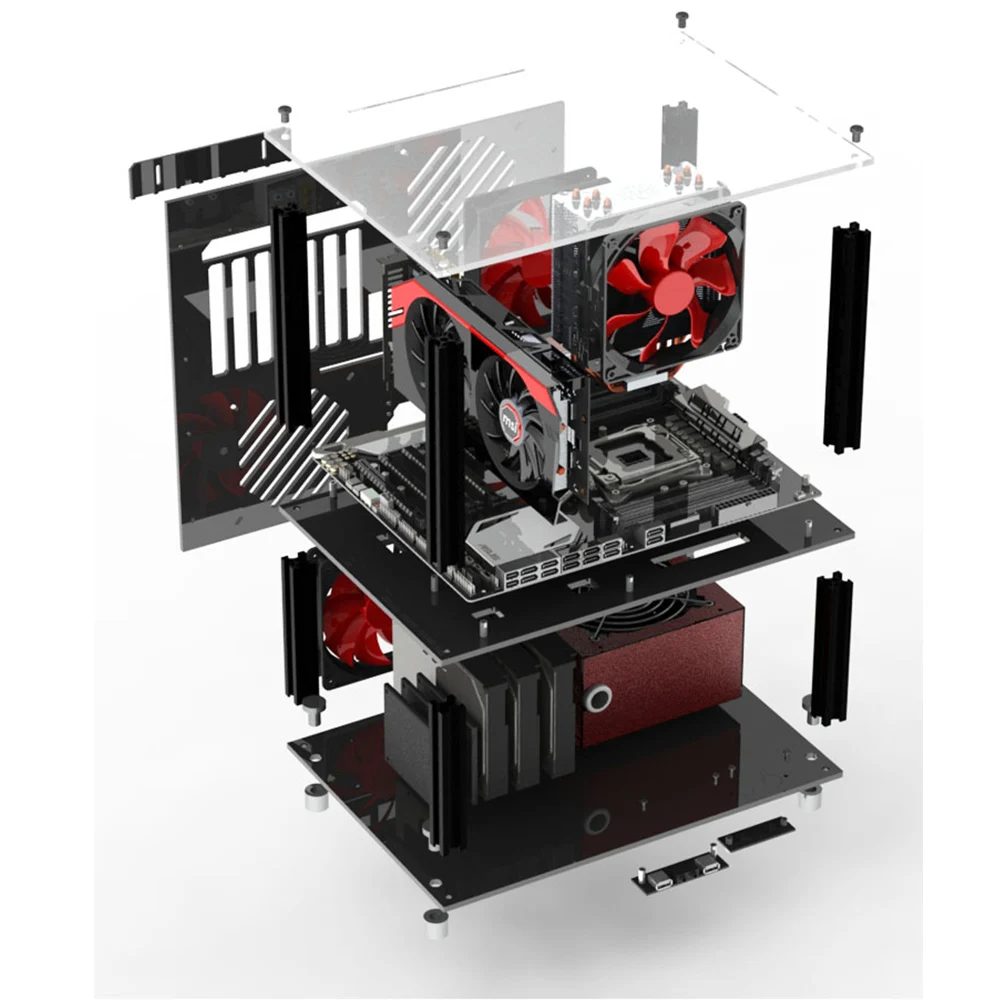 DIY акриловый MATX чехол для компьютера поддержка ITX двухслойный Открытый USB аудио Вентилятор охлаждения прозрачный Настольный чехол s Tower
