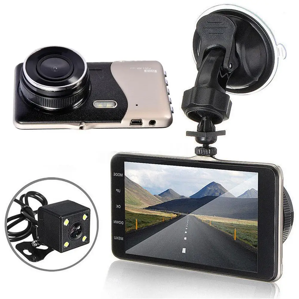 4 дюйма ЖК дисплей Экран 170 градусов Dash Cam Двойной объектив HD 1080P Камера
