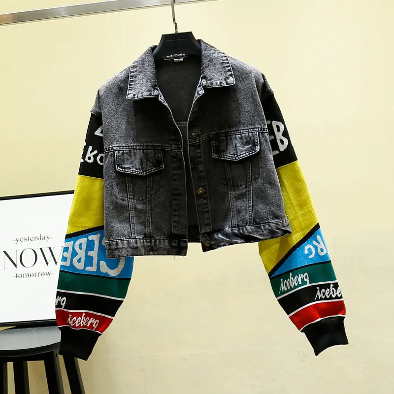

Early Autumn Loose Coat Woman Short 2019 Split Joint Sleeve Color Cowboy Jacket Over