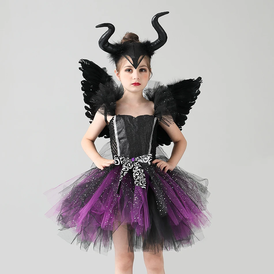 Dark Angel Costume Dress Wing Girls Evil Cosplay Outfits Clothing Baby Scary Halloween For Performance Carnival Disguise | Тематическая