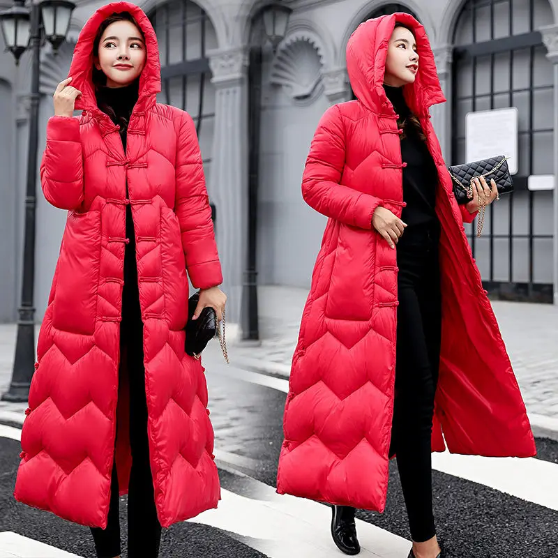 red Новые зимние длинные с пряжкой на коленях, с капюшоном, хлопковые платья-кардиганы, женская модная куртка, элегантная парка, женский жакет f2091 - Цвет: red