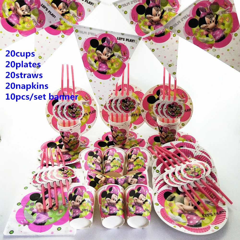 Minnie Mouse 90Pcs/lot Kids Birthday Party Wedding Hanging Banners Decoration Family Party Paper Cup Plate Napkin Supply