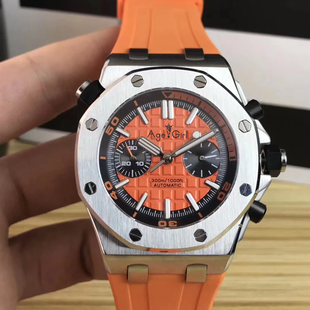 Orange Роскошные брендовые новые мужские часы с секундомером и сапфировым стеклом, прозрачные серебристые и черные резиновые спортивные часы с хронографом из нержавеющей стали AAA - Цвет: Orange