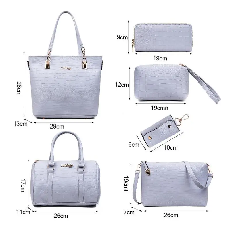 Female Fashion Retro 6pcs/set Solid Color Crack Shoulder Handbags Clutch Lady PU Leather Casual Messenger Bags Women Card Bags