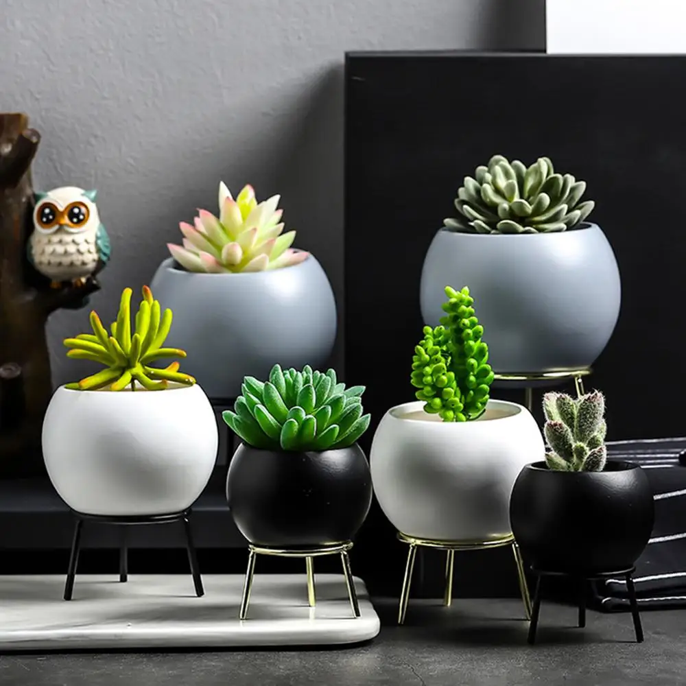 

Ceramics Flower Pot Iron Plant Holders Set Indoor Wall Hanging Planter Geometric Vase Decor Container Succulents Plant Pots