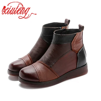 

Xiuteng Women Botas Mujer Watercolor Flowe Boots Genuine Leather Splicing Zipper Flat Short Boots Ladies Shoes Women Winter