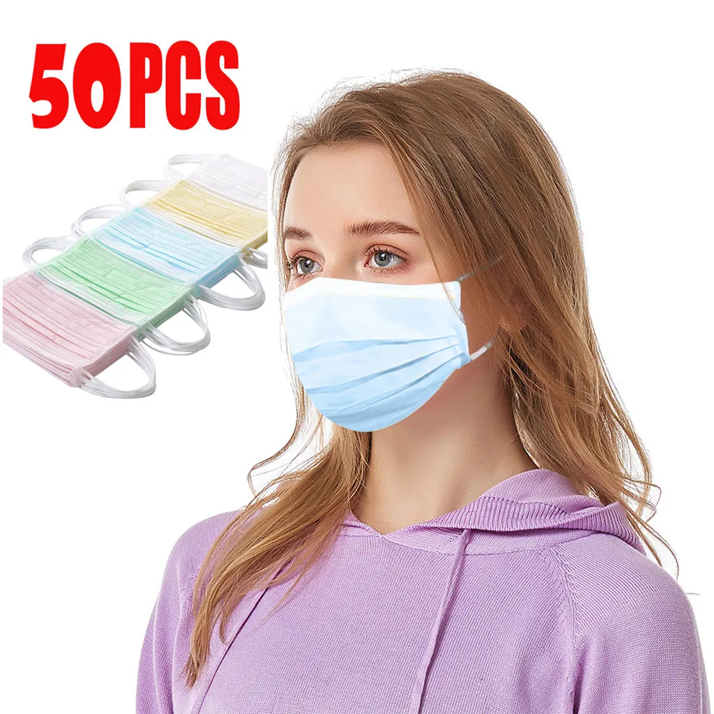 

50pcs Colors Adlut Disposable Face Mask Fashion Colorful 3 Layer Non-woven Fabric Masks Mouth Cover Halloween Cosplay Mascarilas